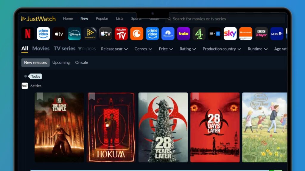 A JustWatch felülete egy laptop képernyőjén – a szolgáltatás saját streamingplatformot indít