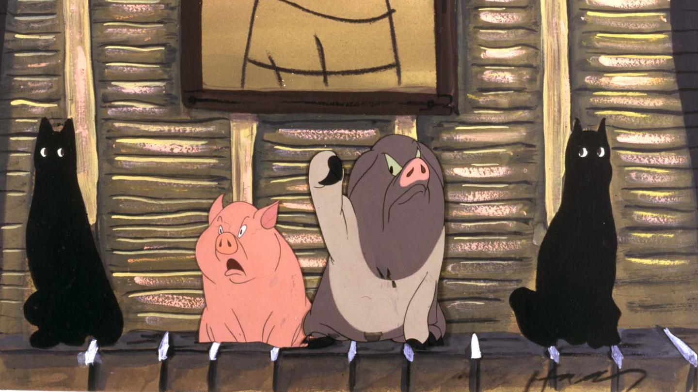 Az 1954-es Állatfarm animációs film disznószereplői az istállóban
