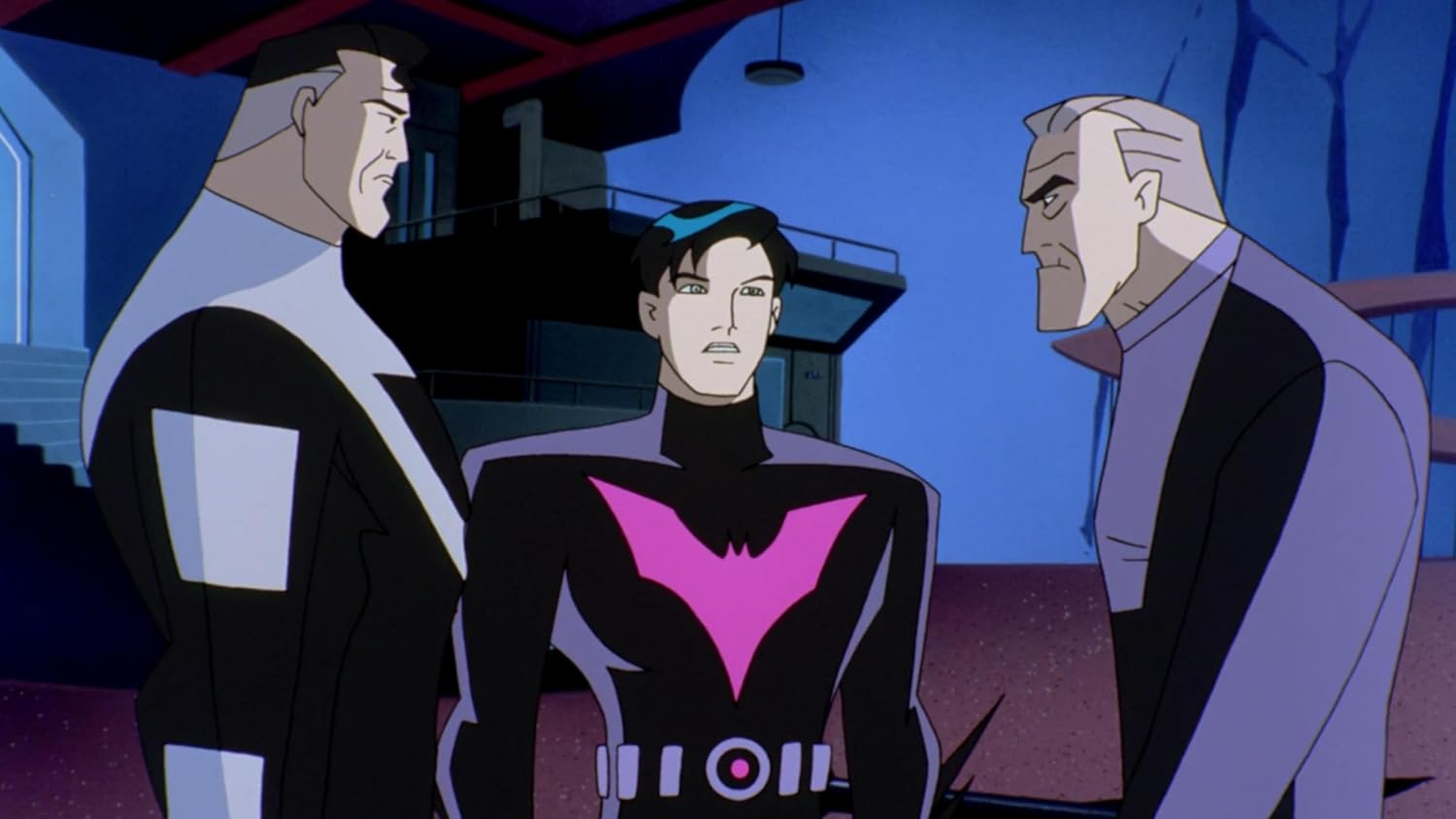 Terry McGinnis a futurisztikus Batman-jelmezben, mellette az idős Bruce Wayne a Batman of the Future sorozatban