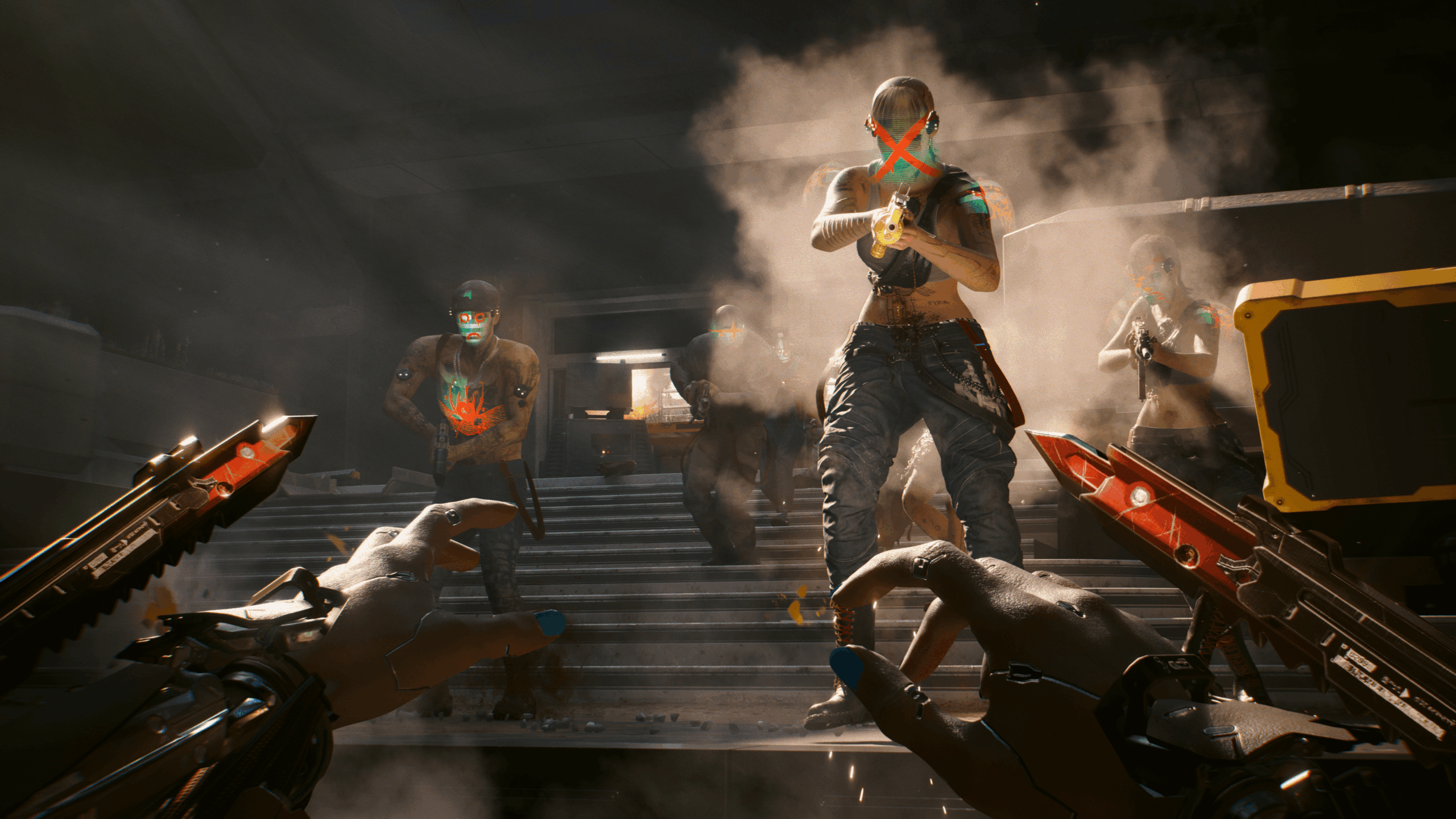 Harci jelenet a Cyberpunk 2077 videojátékból, kibernetikus ellenfelekkel