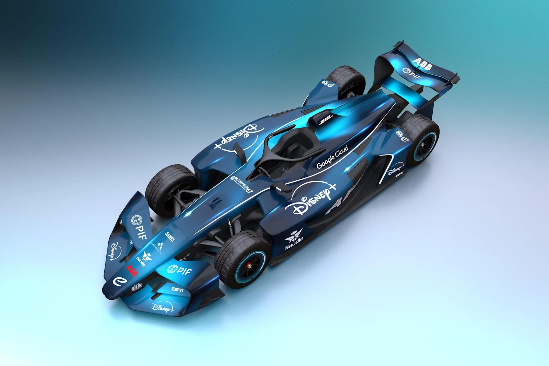 Disney+ festésű Formula E-versenyautó