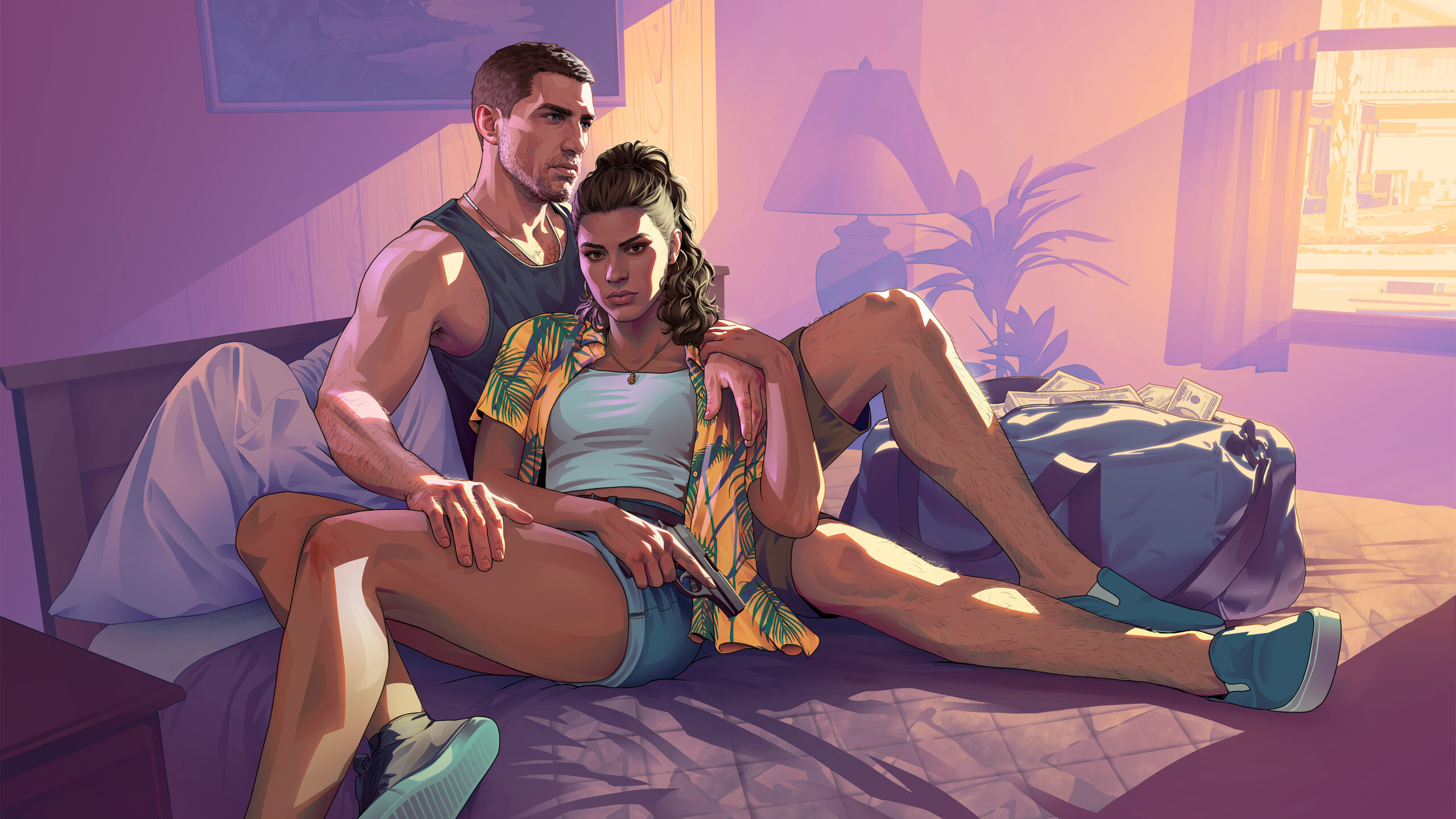 Jason és Lucia egy motelszobában együtt ülnek a Grand Theft Auto VI hivatalos illusztrációján
