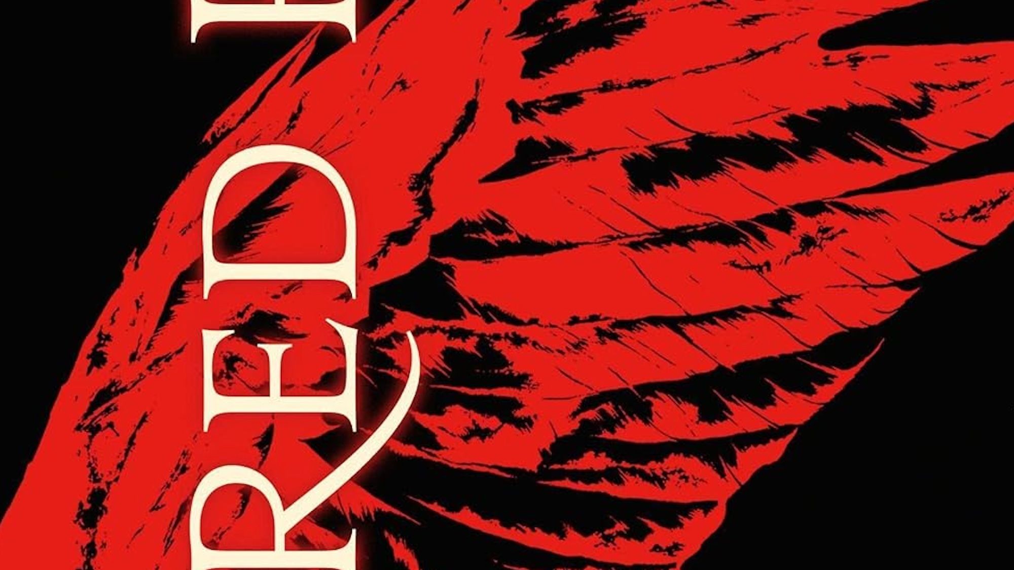 Pierce Brown Red Rising, magyarul Vörös lázadás című regényének vörös szárnyas borítójának részlete.
