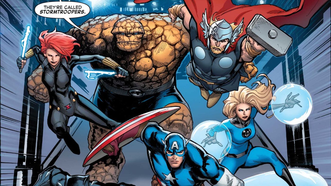 A Bosszúállók és a Fantasztikus Négyes hősei a rohamosztagosok felé indulnak a Star Wars/Marvel: Hope Assembles képregény egyik oldalán.