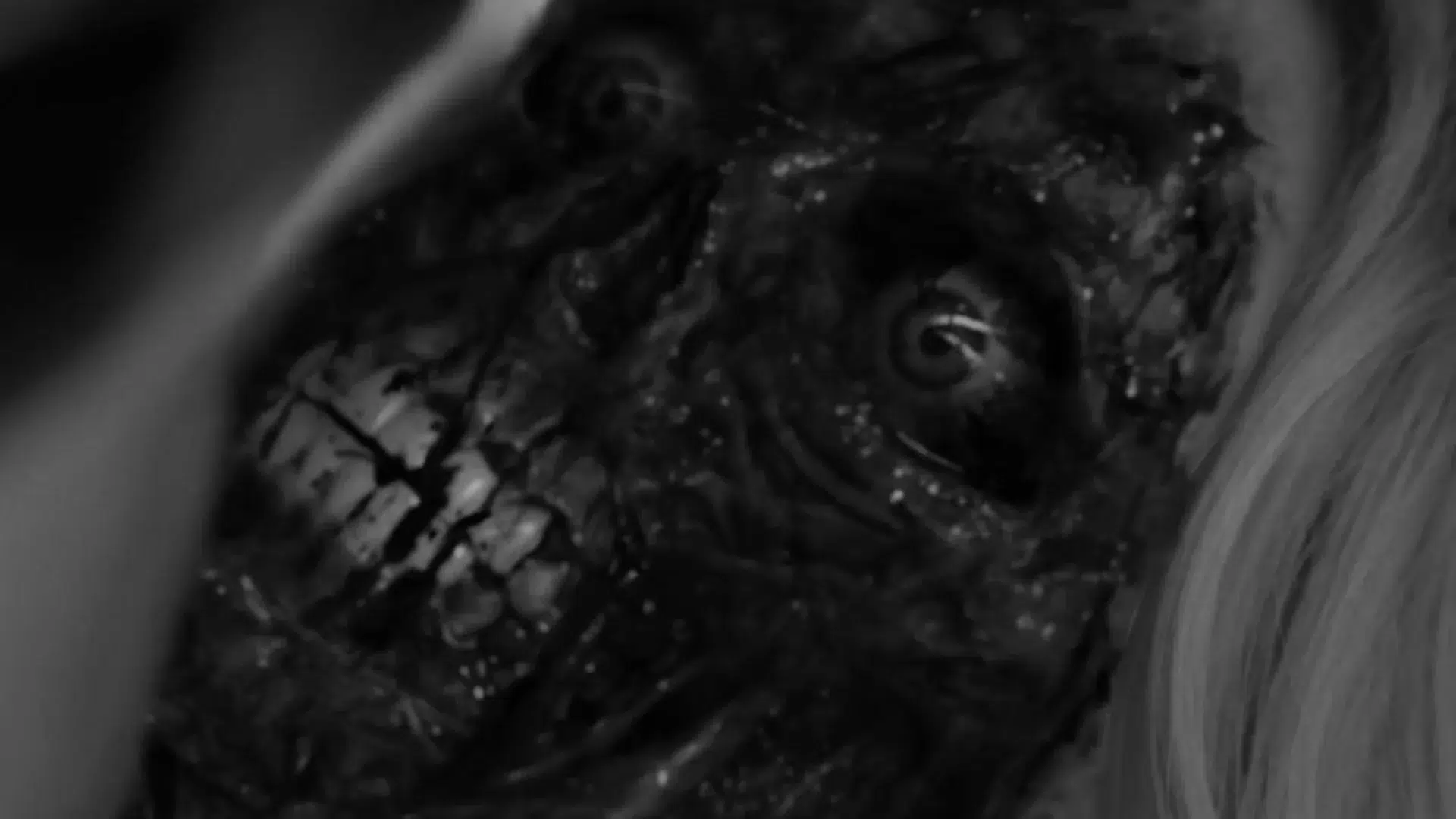 Megégett arcot mutató képkocka a The Third Parent című horrorfilm előzeteséből.